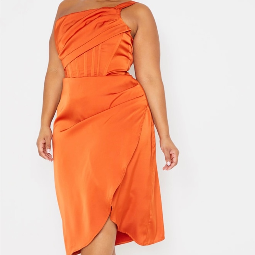 PLT Orange Satin Drape Detail Side Split Midi Dress